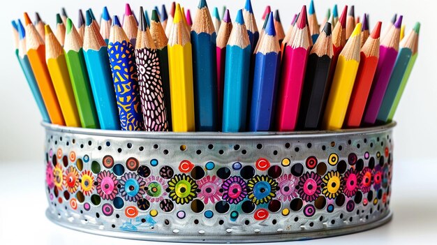 Colored pencils and pens in a pencil holder silver isolated from the white or transparent background