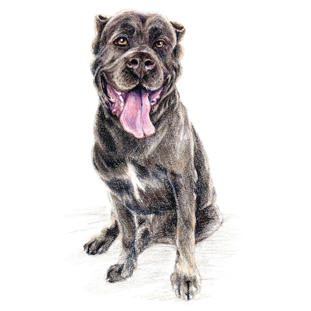 Colored pencils sketch of black Boerboel dog sitting