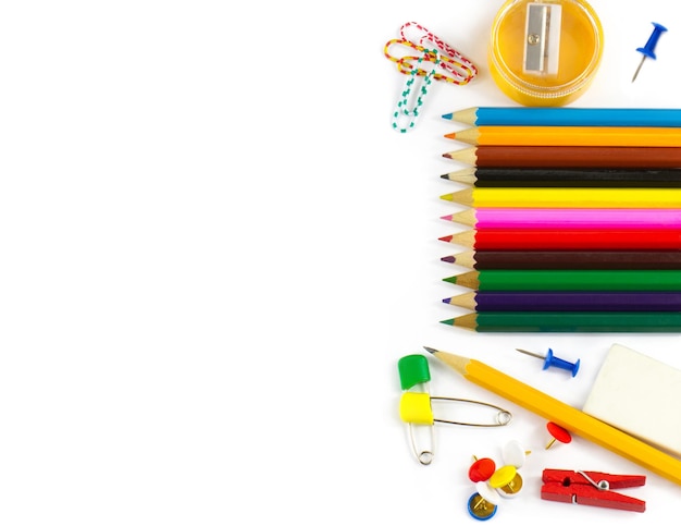 Colored pencils with stationery items with space for text