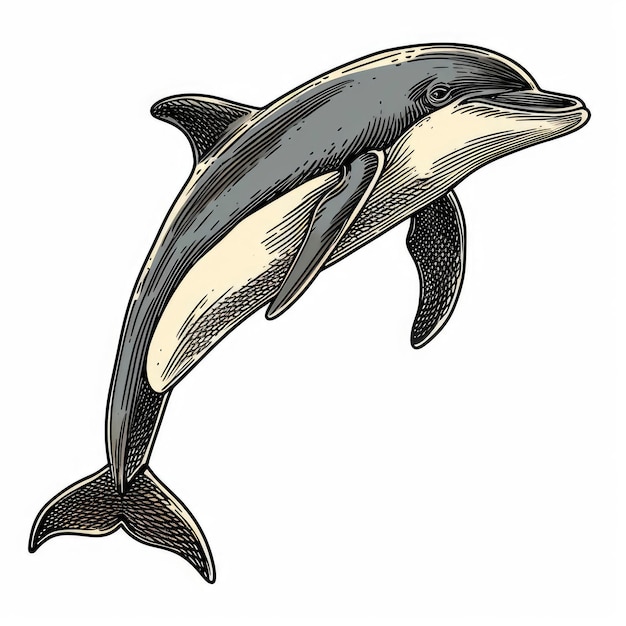 Colored picture of dolphin woodcut old vintage style hand drawn simple graphics isolated on white