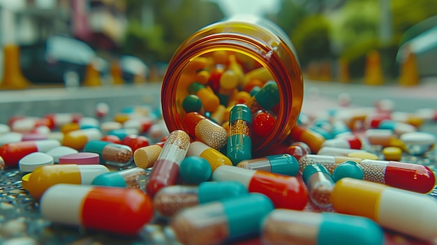 Colored pills and tablets on white background