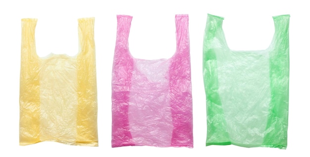 Colored plastic bags isolated against a white background Environmental pollution by disposable bags