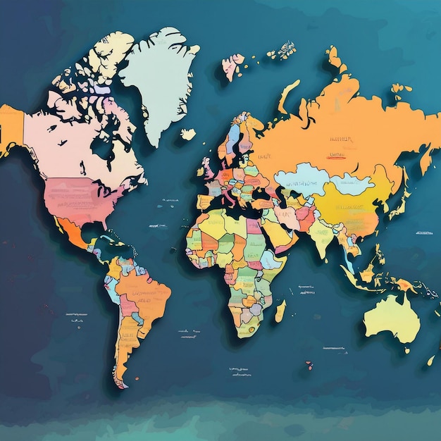 Photo colored political world map with country borders and geographic features