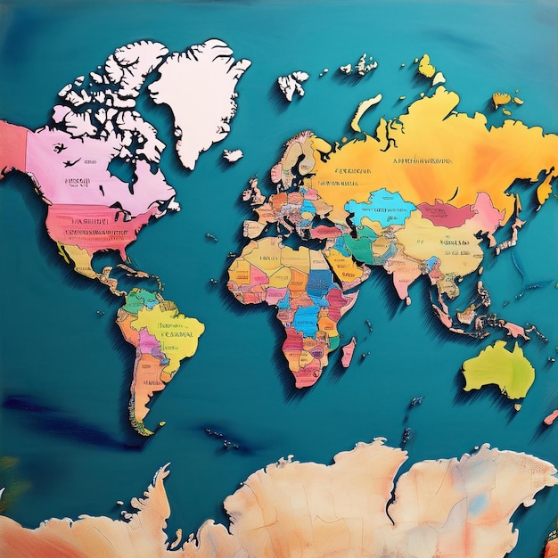 Photo colored political world map with country borders and geographic features