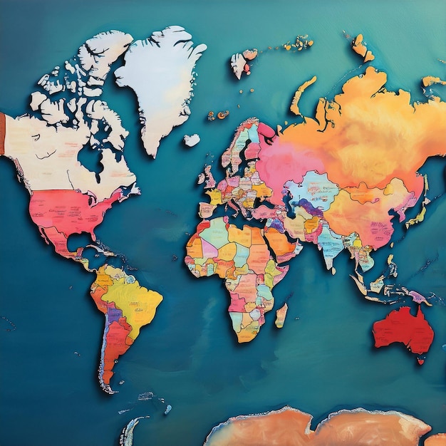 Photo colored political world map with country borders and geographic features