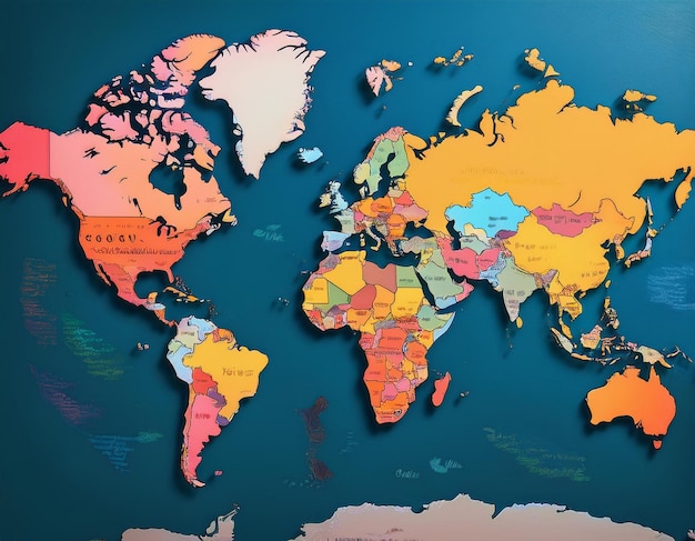 Photo colored political world map with country borders and geographic features