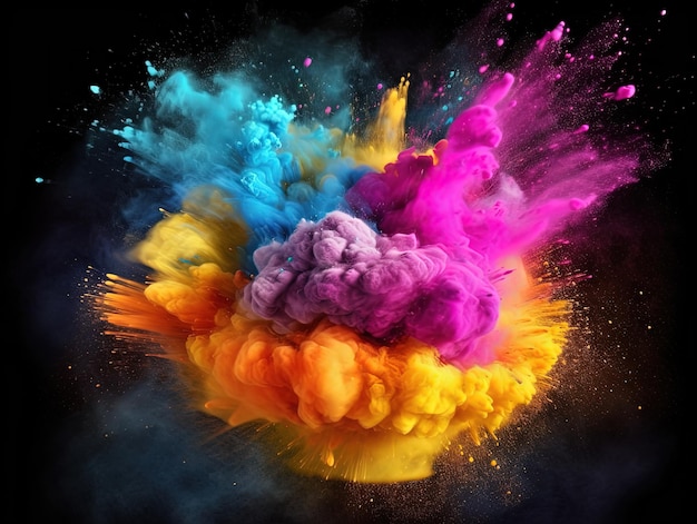 Colored powder explosion Abstract closeup dust on backdrop Colorful explode Paint holi Generative AI