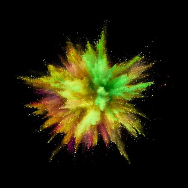 Colored powder explosion. Abstract closeup dust on backdrop. Colorful explode. Paint holi