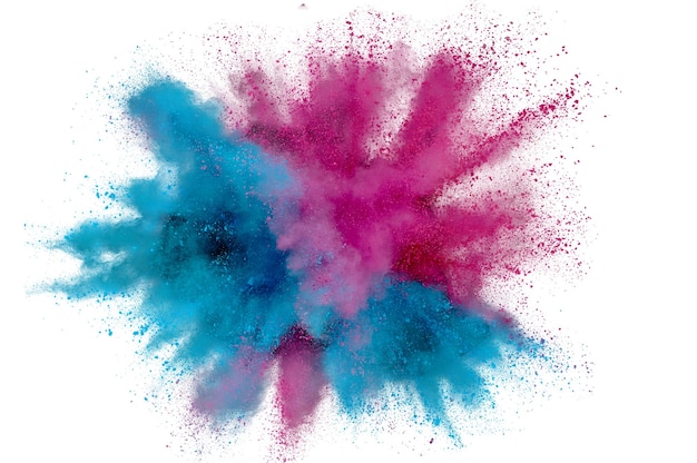 Colored powder explosion. Abstract closeup dust on backdrop. Colorful explode. Paint holi