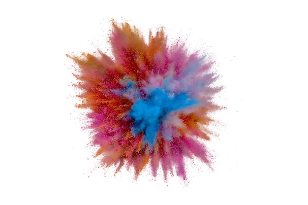 Colored powder explosion. Abstract closeup dust on backdrop. Colorful explode. Paint holi