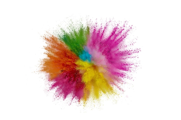 Colored powder explosion. Abstract closeup dust on backdrop. Colorful explode. Paint holi