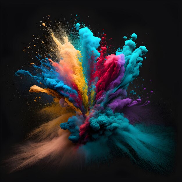 Colored powder explosion. Abstract closeup dust on backdrop. Colorful explode. Paint holi