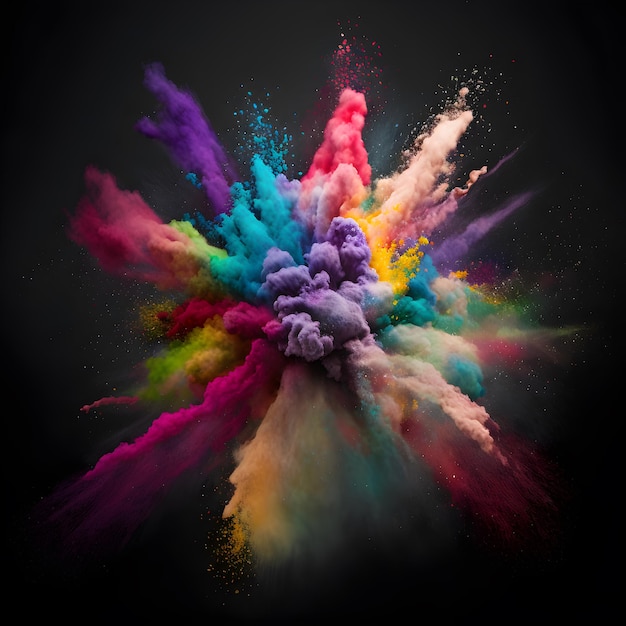 Colored powder explosion. Abstract closeup dust on backdrop. Colorful explode. Paint holi