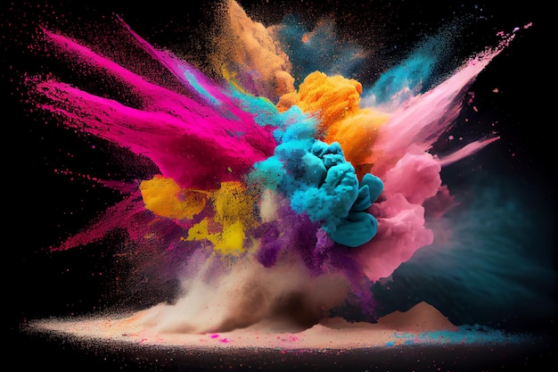 Colored powder explosion on black background holi concept Generative AI