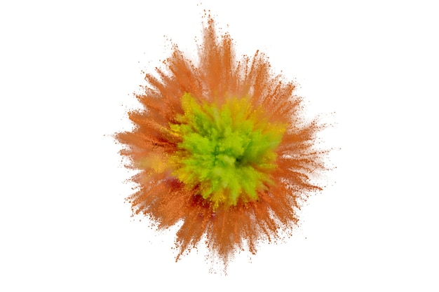 Colored powder explosion on white background. Abstract closeup dust on backdrop. Colorful explode. Paint holi