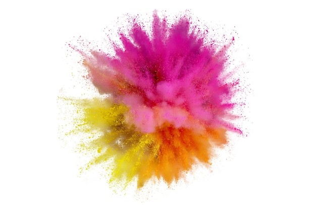 Colored powder explosion on a white background. Abstract closeup dust on backdrop. Colorful explode. Paint holi