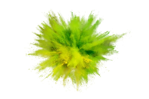 Colored powder explosion on a white background. Abstract closeup dust on backdrop. Colorful explode. Paint holi