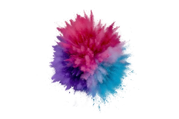 Colored powder explosion on white background. Abstract closeup dust on backdrop. Colorful explode. Paint holi