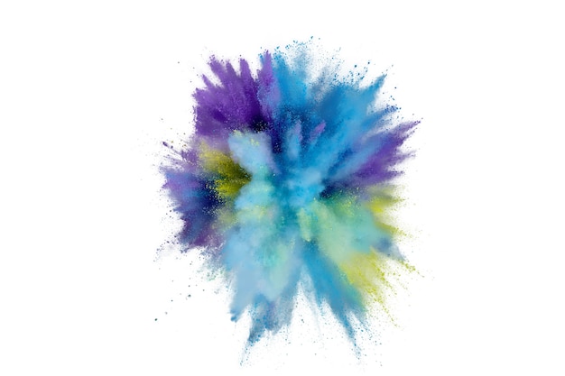 Colored powder explosion on white background. Abstract closeup dust on backdrop. Colorful explode. Paint holi