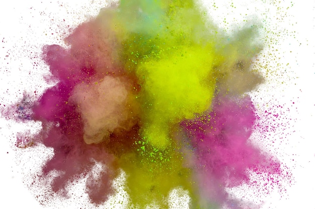 Colored powder explosion on a white background. Abstract closeup dust on backdrop. Colorful explode. Paint holi