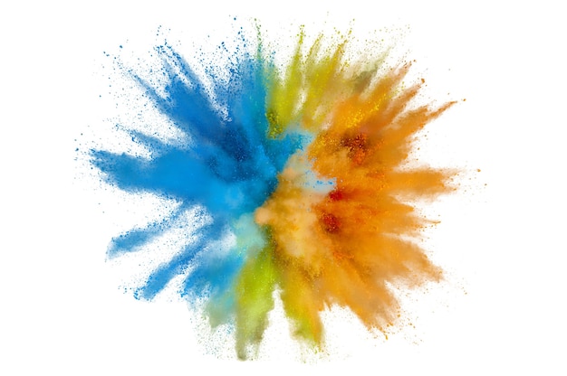 Colored powder explosion on a white background. Abstract closeup dust on backdrop. Colorful explode. Paint holi