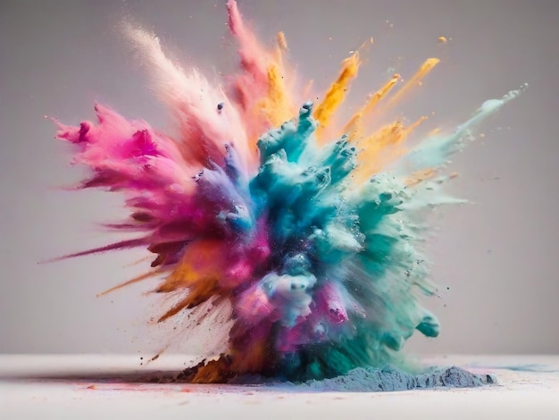 Colored powder explosion on a white background Abstract closeup dust on backdrop Colorful explode