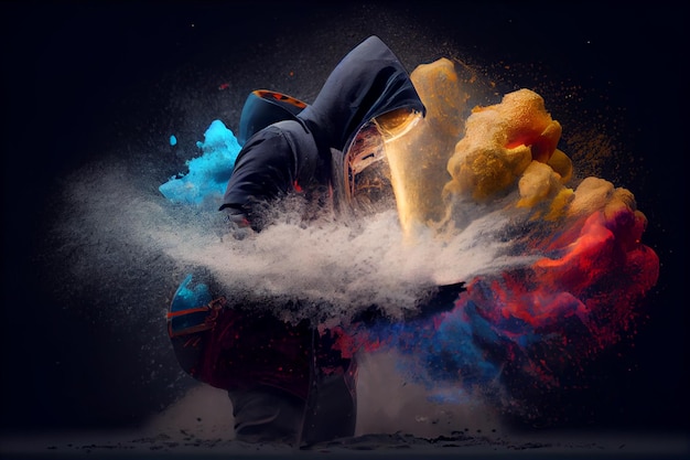 Colored powder explosion with different forms and a person Abstract close up dust on backdrop in a light blue background Colorful explosion