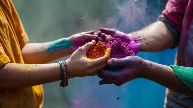 Photo colored powder fired uphuman hands ready to play holi good fun on color festival