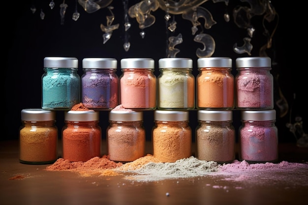 colored powder jars on desk