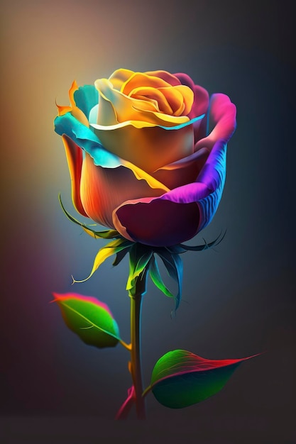 A colored rose with a bright light setting on it in the style of photo realistic compositions