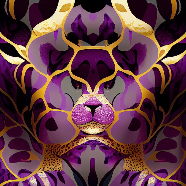 colored shapes in the shape of a tiger, leopard or jaguar head, woven from golden threads, creative abstract background