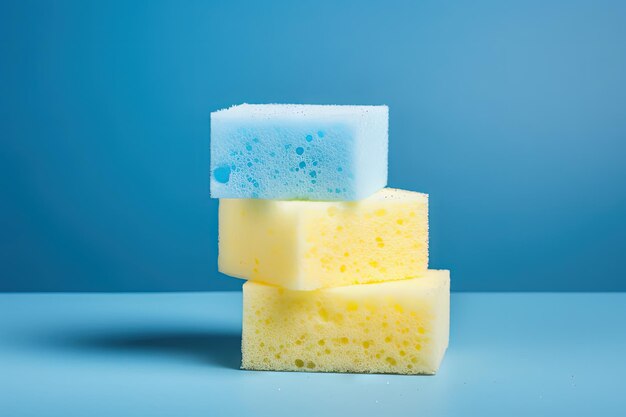 Colored sponges for household cleaning with soap foam Kitchen sponge on blue background Cleaning hom