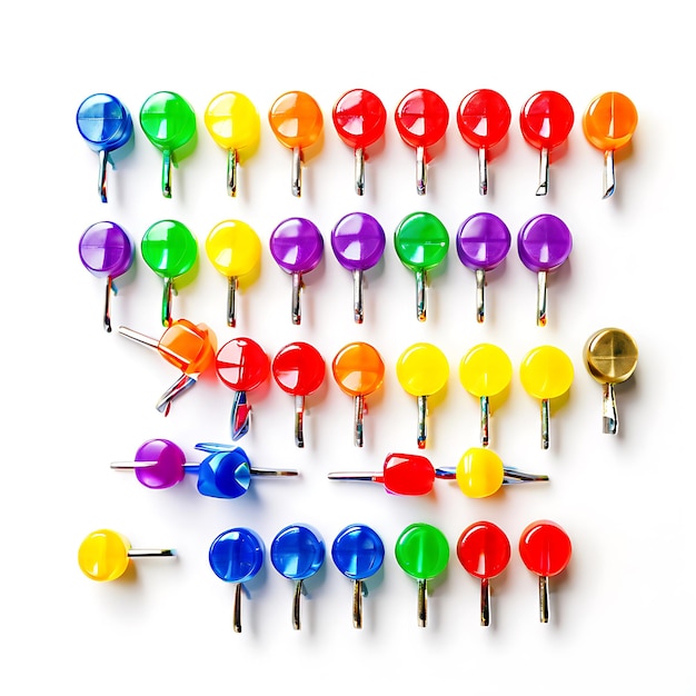 Photo colored thumbtacks neatly arranged white background