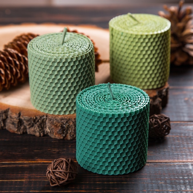 Colored, unusual handmade candles, an element of the interior.