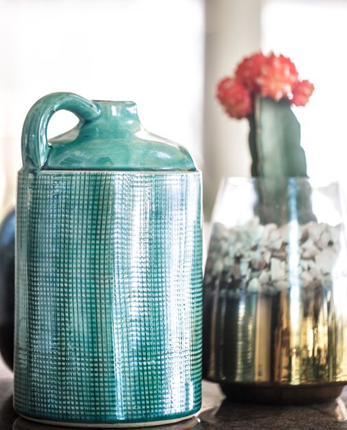 Colored vases and cactus in the interior of the cafe. East style