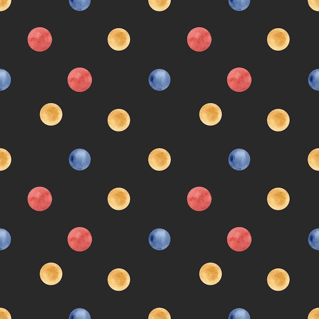 Colored watercolor polka dot pattern on a black background Confetti blue yellow and blue