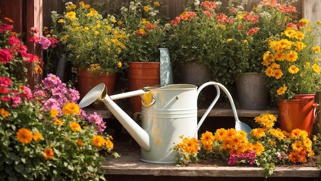 Colored watering can with flowers in the summer garden