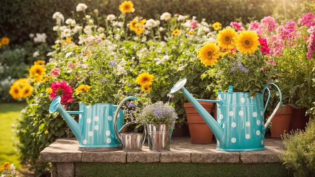 Colored watering can with flowers in the summer garden