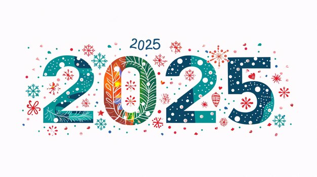 Photo colorful 2025 new year greeting card celebrating with snowflakes and confetti