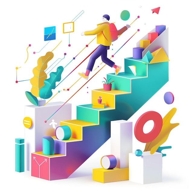 Colorful 2D illustration of a person achieving their goals represented by climbing a staircase of t