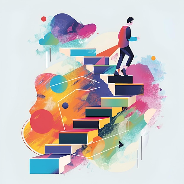 Colorful 2D illustration of a person achieving their goals represented by climbing a staircase of t