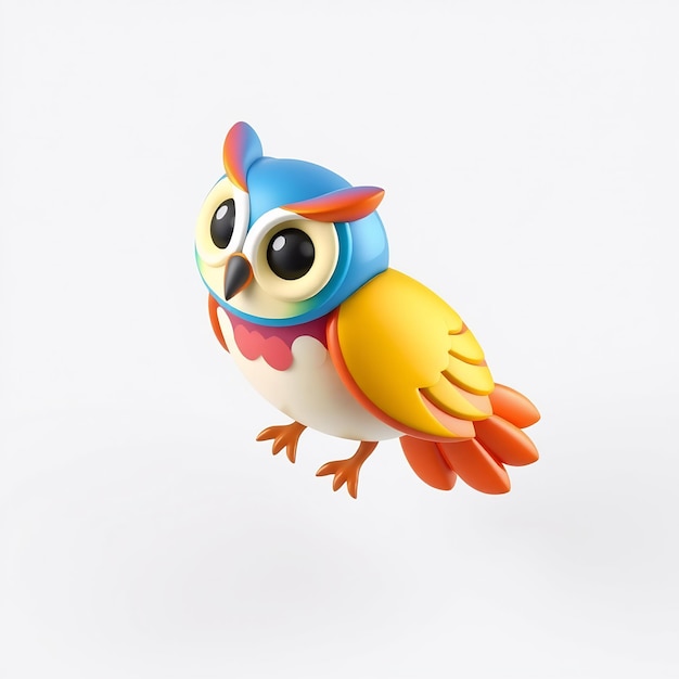 Photo colorful 3d cartoon owl with big eyes and orange beak isolated on white background