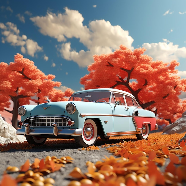 Colorful 3d classic car model view with natural scenery