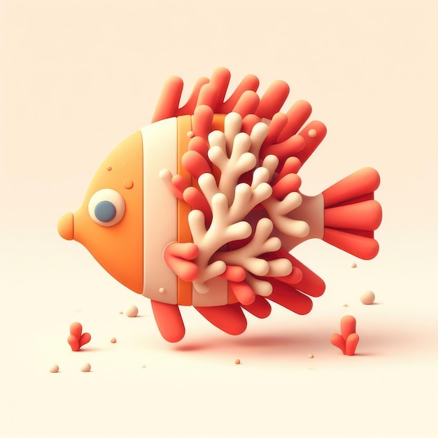 Photo colorful 3d coral fish on a light background 3d clay cartoon model of a coral fish