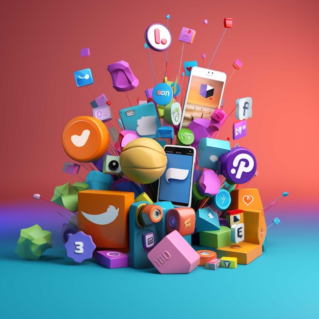 Colorful 3d cube with different application icons Vector illustration