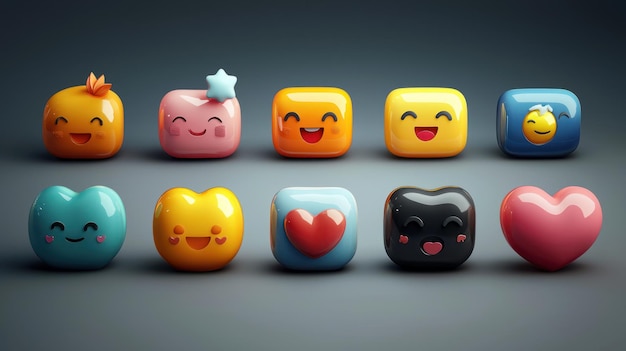 Colorful 3D Emoji Icon Set for Messaging App with Smiley Faces Hearts and Animals