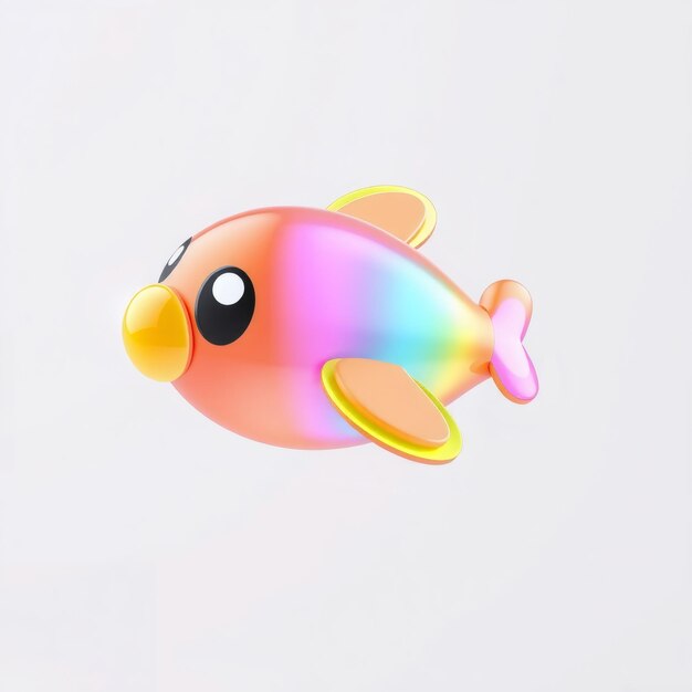 Colorful 3D fish character with cartoon eyes and wings on white background