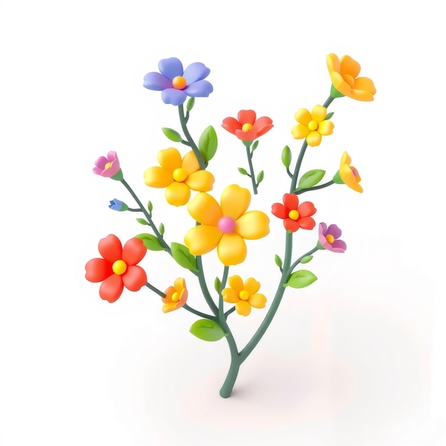 Colorful 3D Flower Branch with White Background