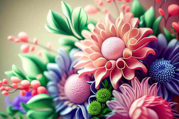 A colorful 3d flower with a green leaf and pink flowers.