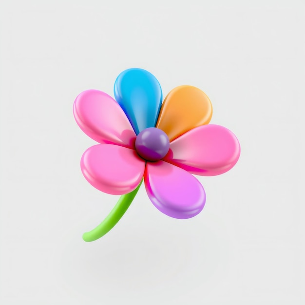 Colorful 3D Flower with Green Stem on White Background